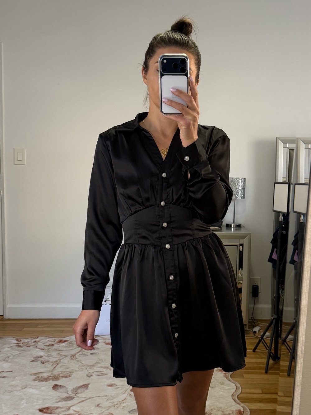 Zara Black Satin Button-Down Mini Dress